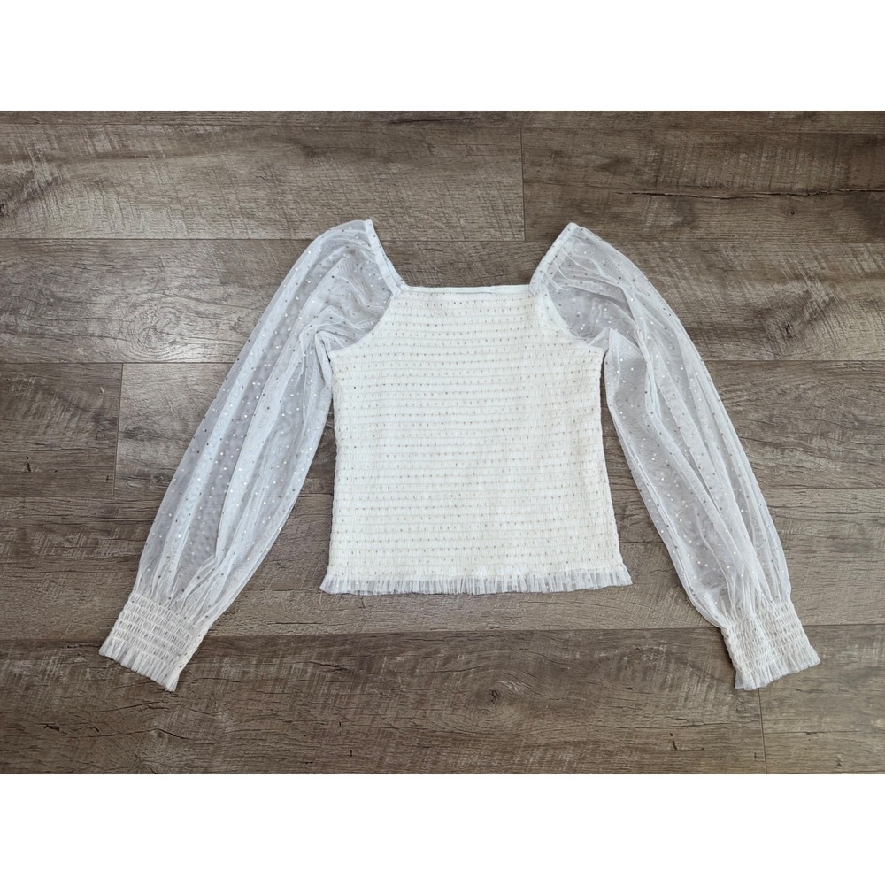 Madden Girl Girls XL 14/16 Ivory Smocked Top Gold Polka Dot Mesh Long Sleeve